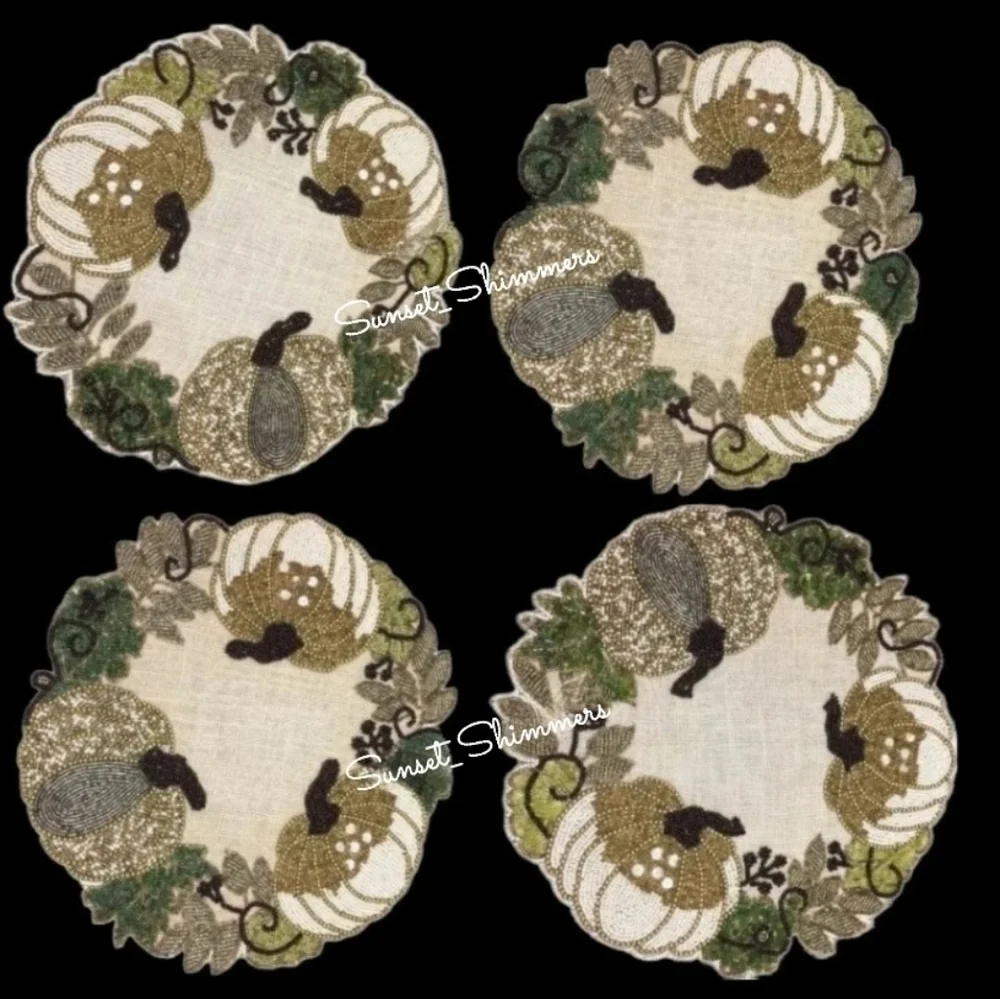 4 Nicole Miller Thanksgiving Beaded WHITE PUMPKIN Jute Placemat Chargers New